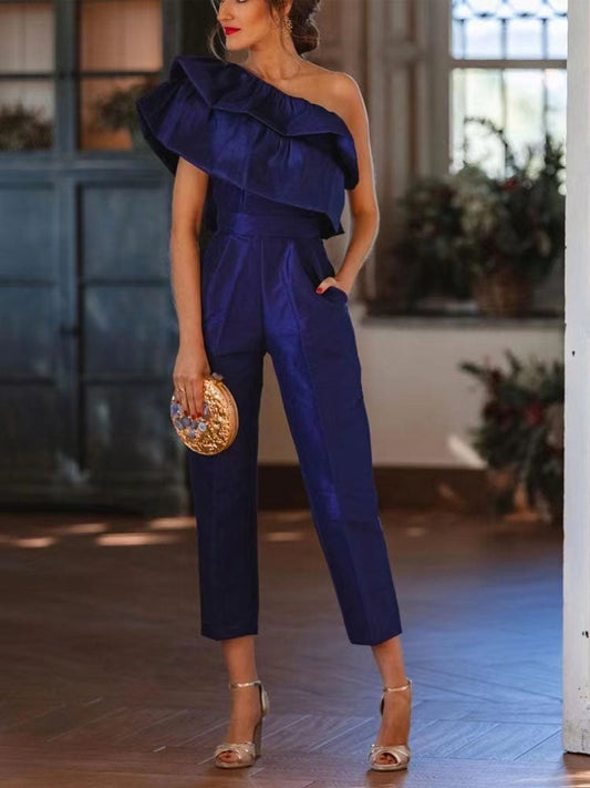 Double Ruffles Skew Collar Backless Party Jumpsuit | CozyCouture® - Stringspeed