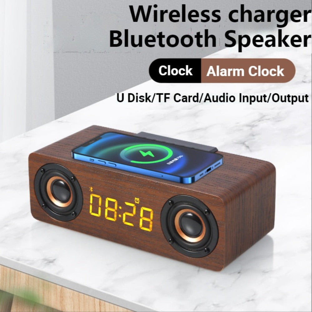 Wooden Retro Theme Wireless Charger Bluetooth Speaker Alarm Clock | TechTonic® - Stringspeed