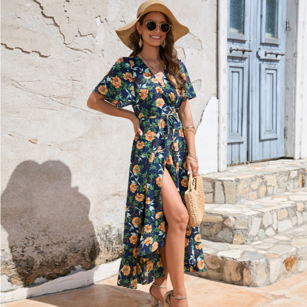 Wrap Style Summer Floral Dress With Ruffles | CozyCouture® - Stringspeed