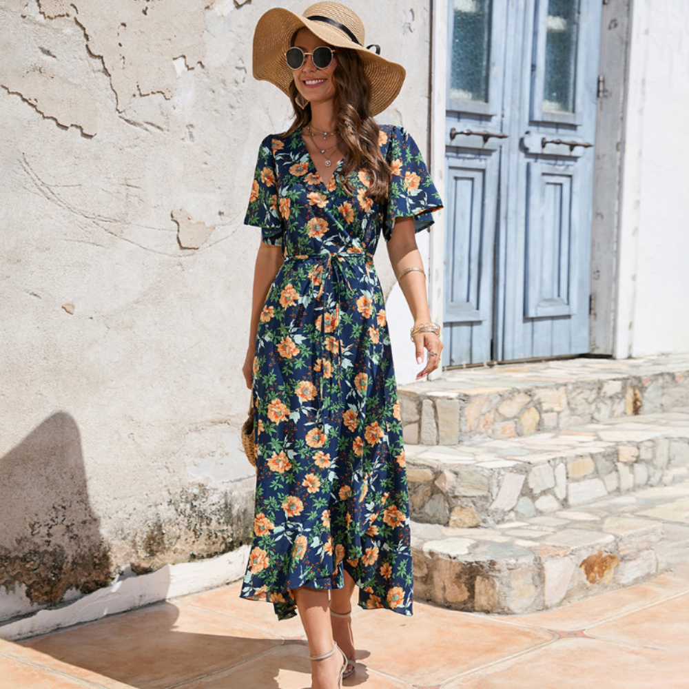 Wrap Style Summer Floral Dress With Ruffles | CozyCouture® - Stringspeed