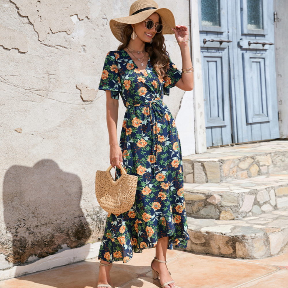 Wrap Style Summer Floral Dress With Ruffles | CozyCouture® - Stringspeed