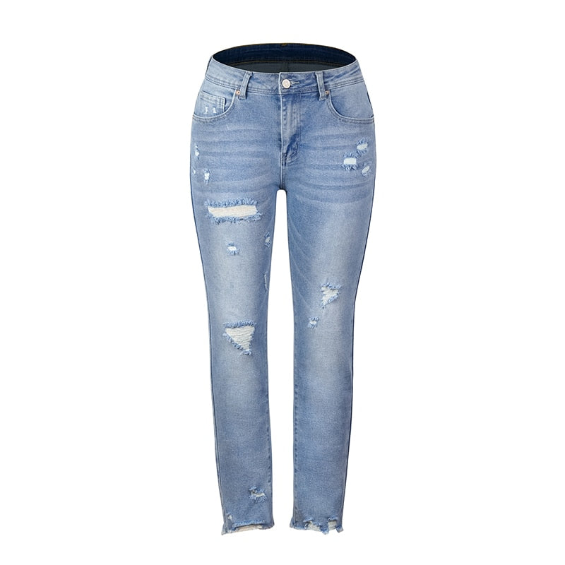 Blue Hight Waist Ripped Casual Denim Pencil Pants | CozyCouture® - Stringspeed