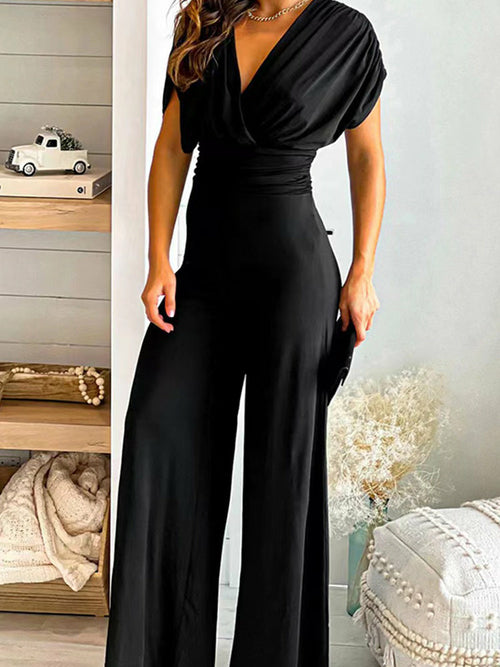 Solid V-Neck Ruched Jumpsuit | CozyCouture® - Stringspeed