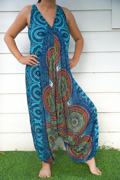 Teal Mandala Boho Hippie Jumpsuit | CozyCouture® - Stringspeed