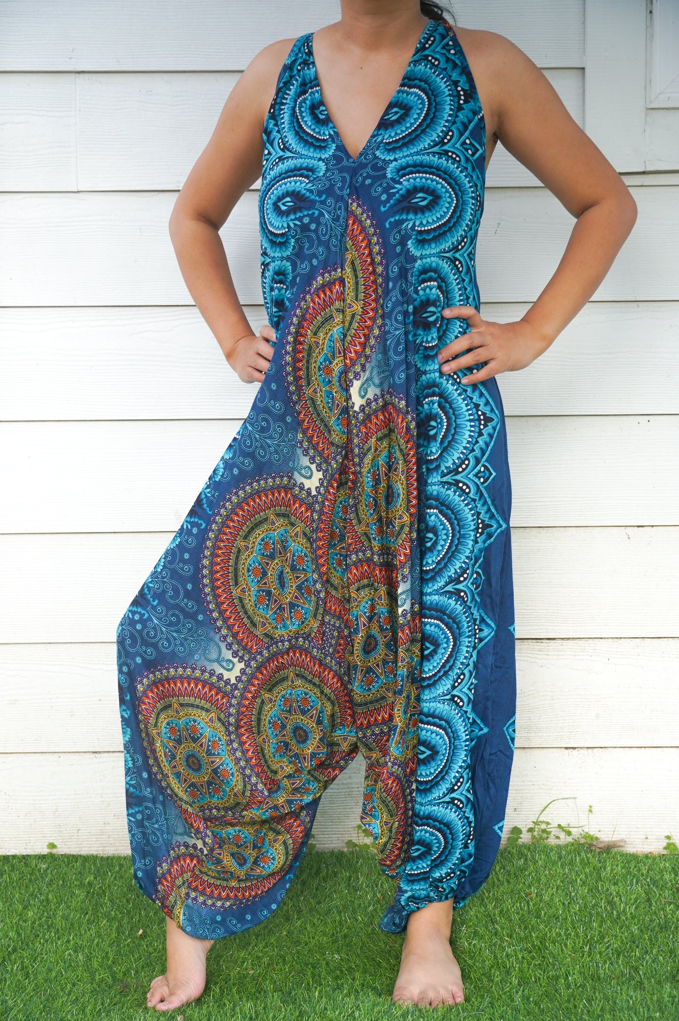 Teal Mandala Boho Hippie Jumpsuit | CozyCouture® - Stringspeed