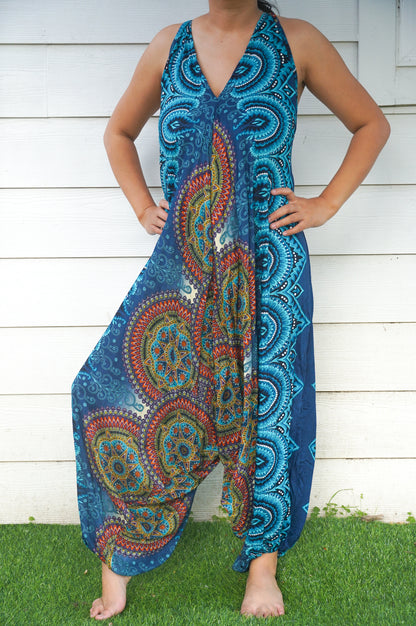 Teal Mandala Boho Hippie Jumpsuit | CozyCouture® - Stringspeed