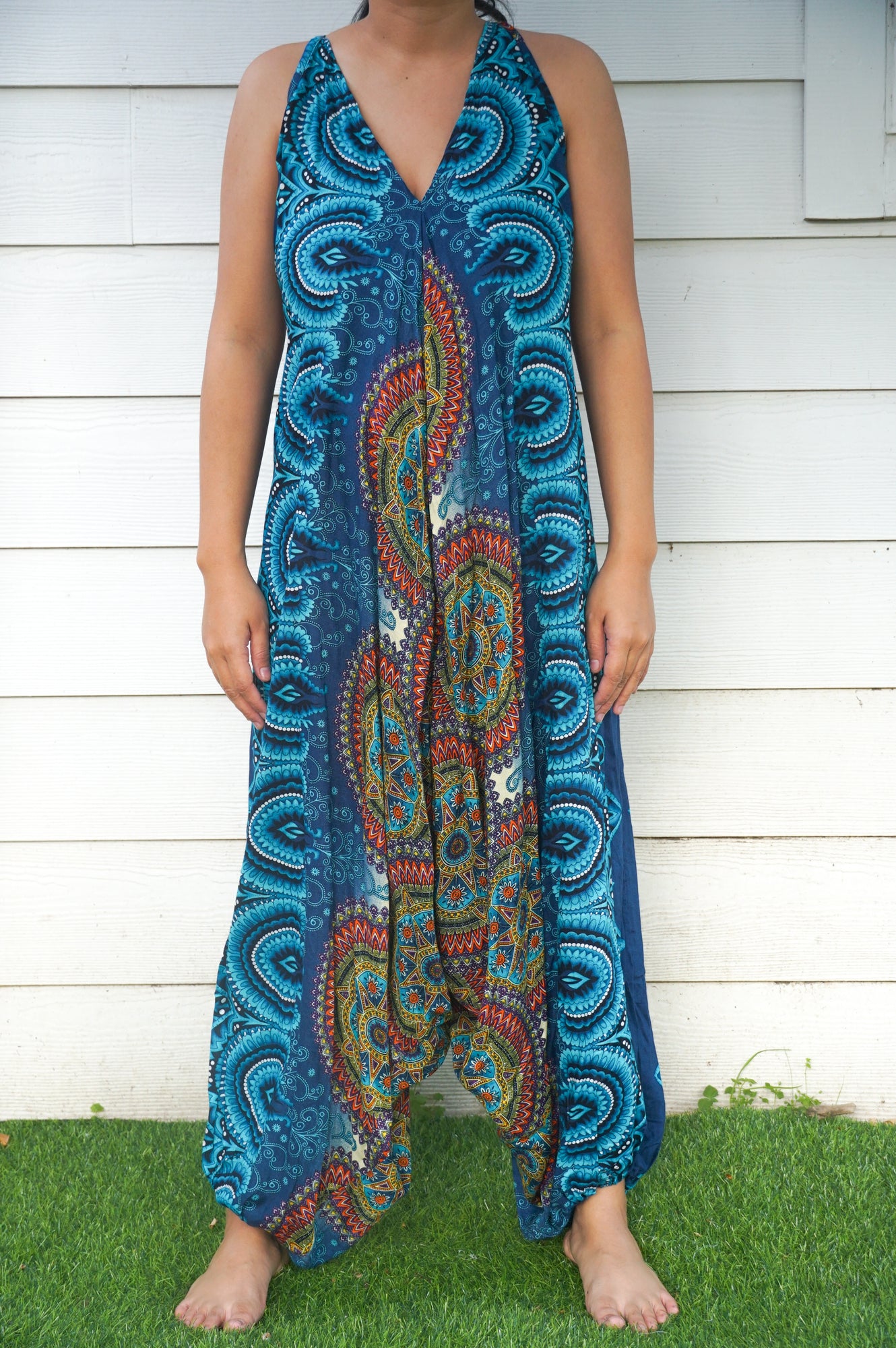 Teal Mandala Boho Hippie Jumpsuit | CozyCouture® - Stringspeed