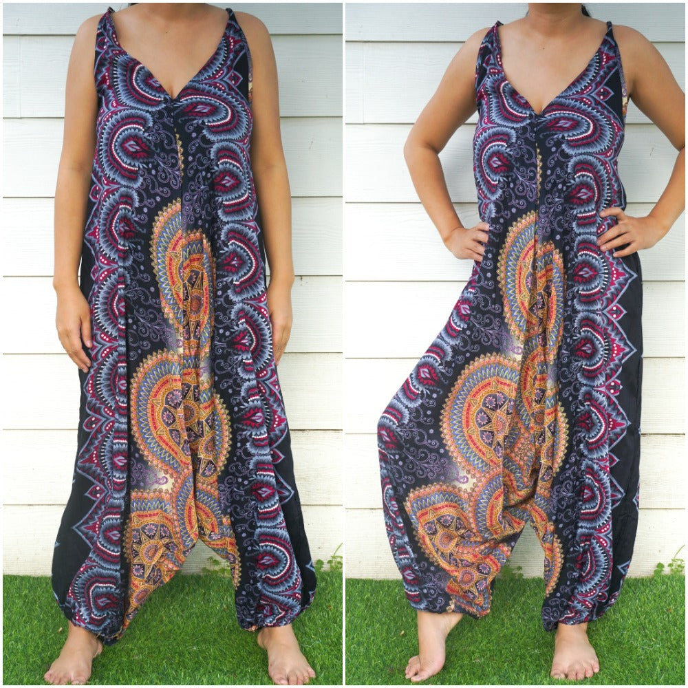 Black Mandala Boho Hippie Jumpsuit | CozyCouture® - Stringspeed