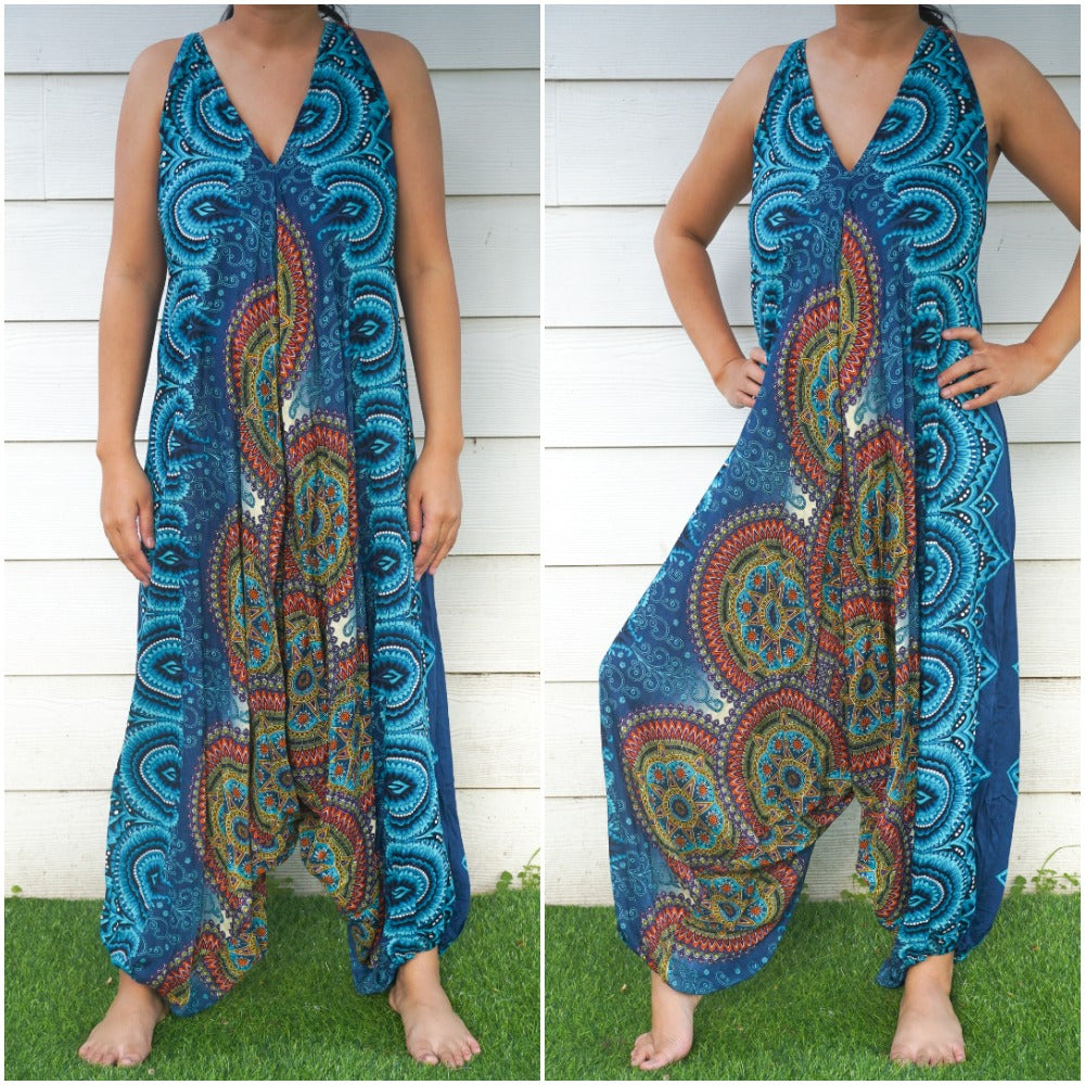 Teal Mandala Boho Hippie Jumpsuit | CozyCouture® - Stringspeed