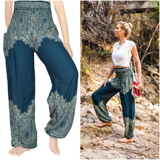 Teal FLORAL Women Boho Pants Hippie Pants Yoga Pants | CozyCouture® - Stringspeed