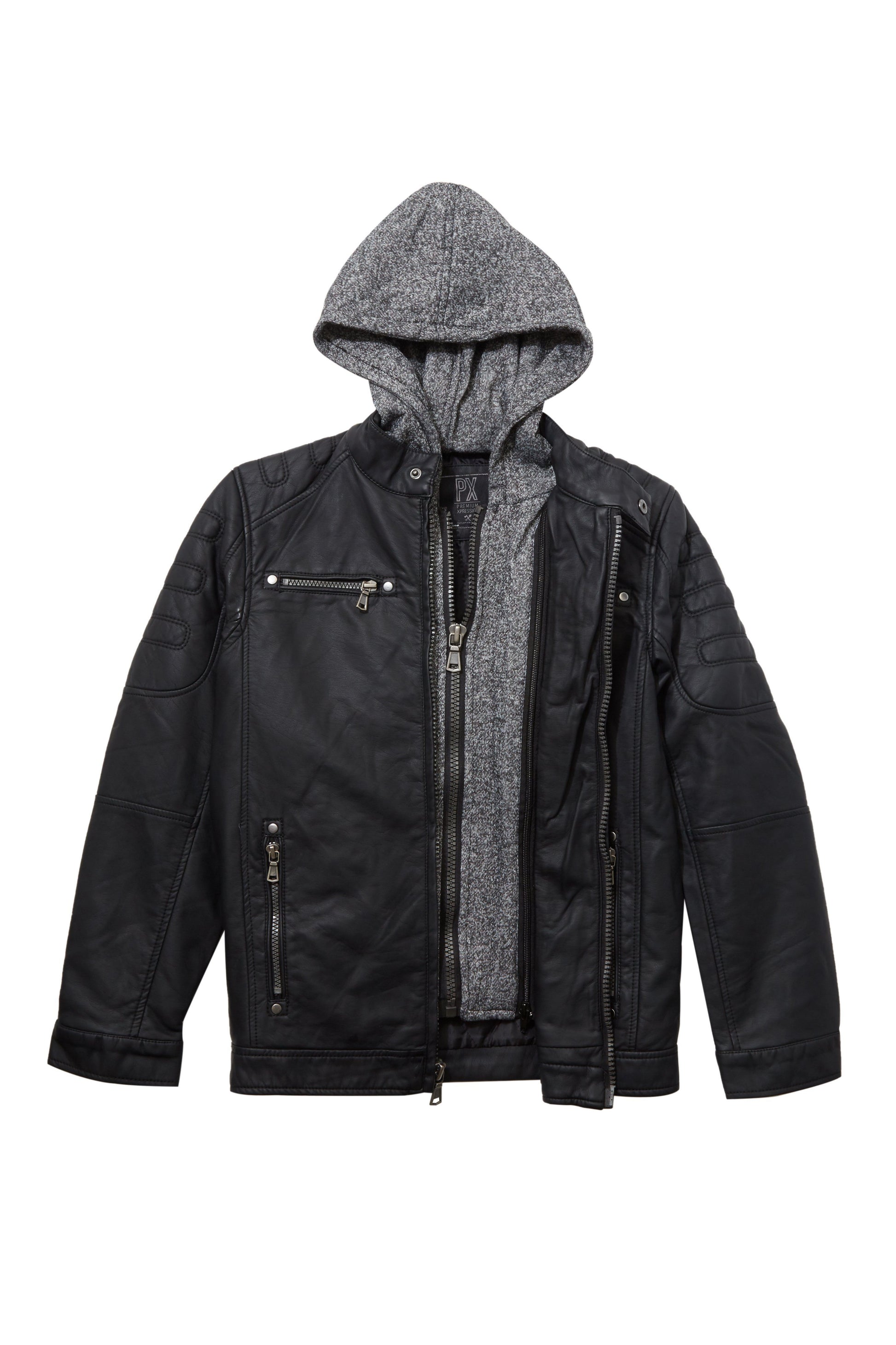 Vegan Leather Moto Jacket with Knit Hoodie | BespokeBrothers® - Stringspeed