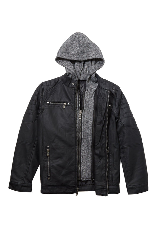 Vegan Leather Moto Jacket with Knit Hoodie | BespokeBrothers® - Stringspeed
